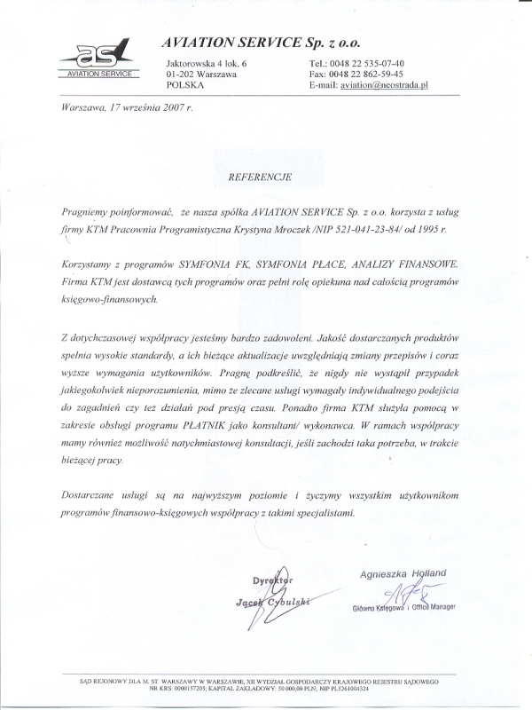 tre�� referencji uzyskanych od Aviation Service