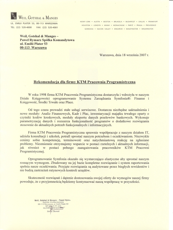 referencje od Weil, Gothal & Manges - Pawe� Rymarz Sp�ka Komandytowa